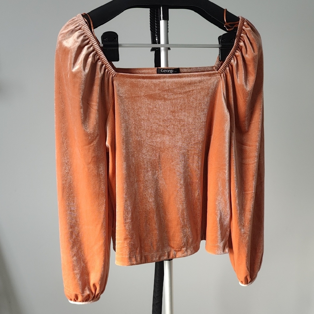 George Peach Velvet Off-Shoulder Puff Sleeve Blouse